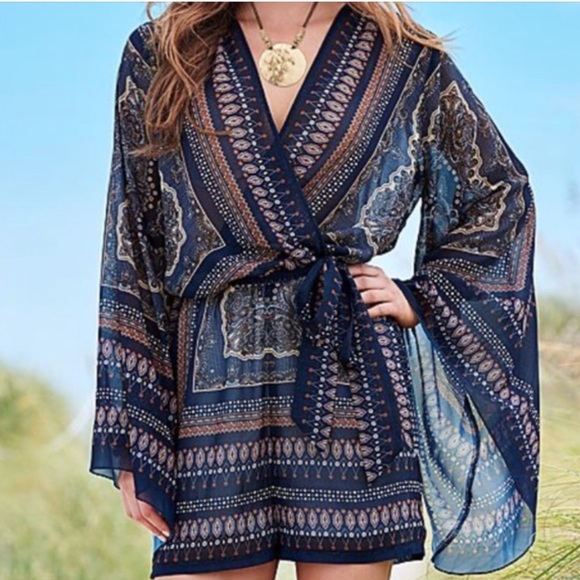 VENUS Dresses & Skirts - Venus Faux Wrap Blue and Brown Romper